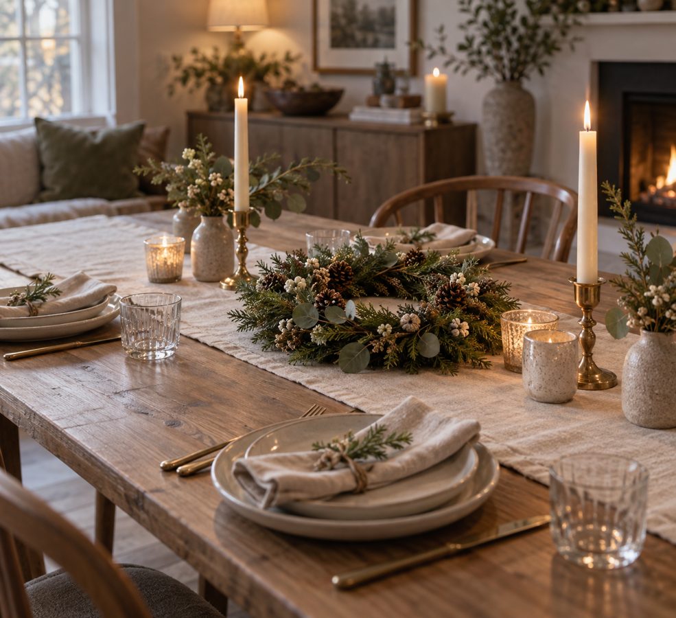 A dining table styled with simple seasonal decorations