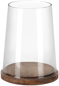 8" Wide Glass Hurricane Candle Holders with Handmade Sturdy Glass Sleeves and Vintage Natural Wood Base for Pillar Candle & Plants, Industrial, Farmhouse, Display Cloche Bell Jars, Table Centerpiece by Unknown
