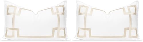 Hofdeco Premium Coastal Patio Indoor Outdoor Lumbar Pillow Cover Only, 12"x20" Water Repellent for Backyard, Couch, Neutral Tan Embroidered Frame Greek Key (Pack of 2) by HofdecoPremium