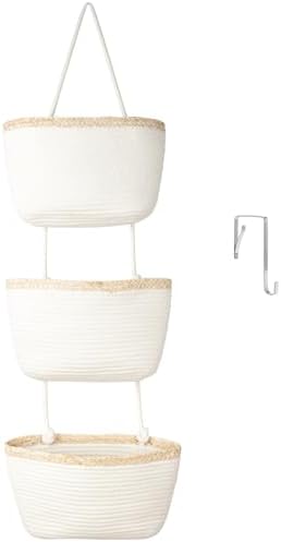 TeoKJ Over the Door Hanging Basket, 3-Tier Woven Cotton Wall-Mounted Storage Organizer Bag Decorative Hanging Nursery Baskets, White & Light Brown by TeoKJ