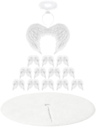 Janinka 15 Pcs Angel Feather Wing Christmas Tree Decors, 2 Feather Wings Topper with Aureole Headband, 1 White Plush Xmas Tree Skirt, 12 Wings Christmas Ornaments for Home Wedding Decor - Image 2