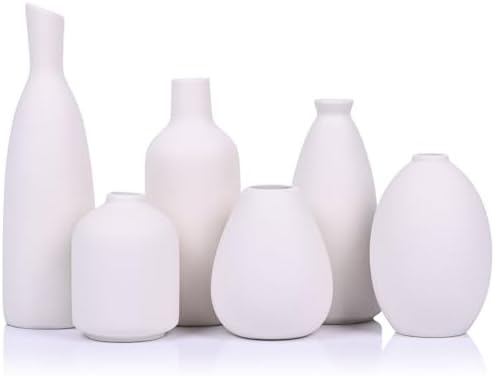 White Ceramic Vase Set of 6, Modern Boho Vases for Dry Flowers, Small White Vases for Decor, White Small Vases for Centerpieces in Bulk, Mini Small Flower Vases for Wedding Home Table Party Decor by QIANLING