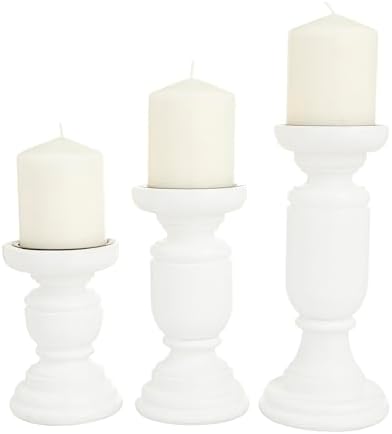Deco 79 Mango Wood Turned Style Pillar Candle Holder, Set of 3 10", 8", 6"H, White by Unknown