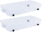Rubbermaid 68 Quart Under the Bed Low Profile Storage Boxes with Dual Hinged Lids and Easy Rolling Caster Wheels, Clear, 2 Pack by Rubbermaid