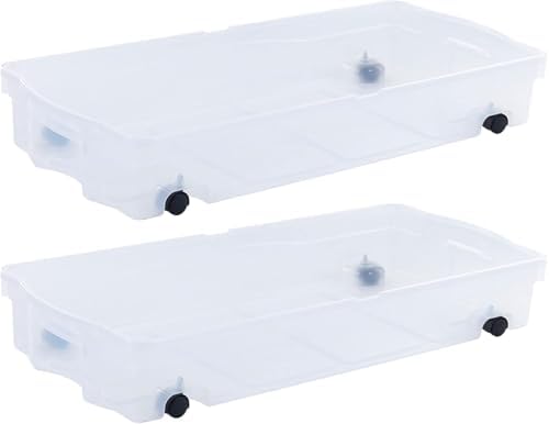 Rubbermaid 68 Quart Under the Bed Low Profile Storage Boxes with Dual Hinged Lids and Easy Rolling Caster Wheels, Clear, 2 Pack by Rubbermaid