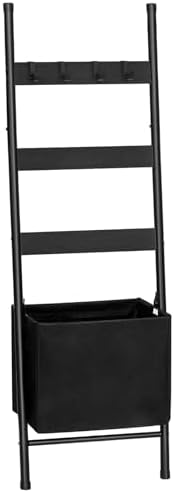 HOOBRO Blanket Ladder with Basket, 17.3”L x 63.4”H, Towel Rack with Hooks, Blanket Holder Rack, Decorative Ladder Shelf, Drying and Display Rack for Bathroom, Living Room, Black BB31CJ01 by HOOBRO