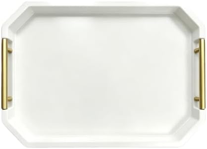 Decorative Wood Serving Tray with Polished Gold Handles, Octagon MDF Tray, Glossy Finish, 16x12 Inch, for Coffee Table, Ottoman (White) - Image 5