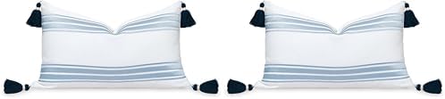 Hofdeco Premium Coastal Patio Indoor Outdoor Lumbar Pillow Cover Only, 12"x20" Water Repellent for Backyard, Couch, Baby Blue Embroidered Stripes with Tassels (Pack of 2) by HofdecoPremium