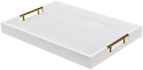 14x20 Inches White Faux Leather Wrapped Wood Serving Tray with Metal Handles for Various Occasions, Ottoman, Home Decor Decorative, Living Room, Coffee Table Organizer, Serving Breakfast On Bed by Unknown