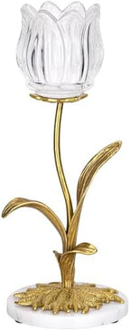 Candle Holder, Cut Rose Shaped Brass Candle Holder High-end Light Luxury Creative Art Crystal Glass Flower Candle Sticks Holder Decor Marble Disc Base Romantic Ambiance Table Decoration by Anpdasi