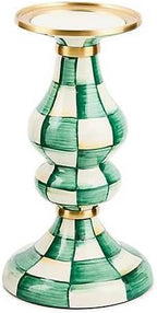 MACKENZIE-CHILDS Enamel Pillar Candlestick, Cute Candle-Holder Decor, Medium, Green-and-White Emerald Check by Unknown