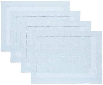 Solino Home 100% Pure Linen Placemats Blue Hemstitch, 14 x 19 in, Set of 4 by SolinoHome