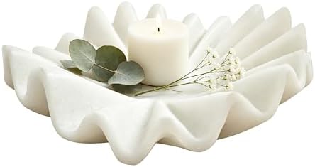 Marble White Stone Decorative Bowl, 10 Inch Modern Ruffled Wavy Tray Decor by CozyVilla