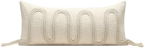 Beige Decorative Lumbar Pillow Cover 12x28, Handwoven Boho Long Body Pillowcase, Farmhouse Linen Cotton Pillow Cushion Case for Sofa, Bed, Living Room, Bedroom by AIBUHOME