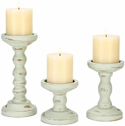Candeldo Wood Candle Holder for Pillar, Sage Green Farmhouse Decor by CANDELDO