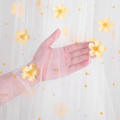 3 Pack Yellow Pearl Tulle Tablecloths 10ft Floral Sheer Table Overlays - Image 2