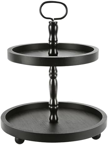 Wooden Farmhouse Round 2 Tier Decorative Tray for Home Kitchen Office by SYNCVIBE