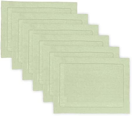 Solino Home 100% Pure Linen Placemats Green Hemstitch, 14 x 19 in, Set of 6 by SolinoHome