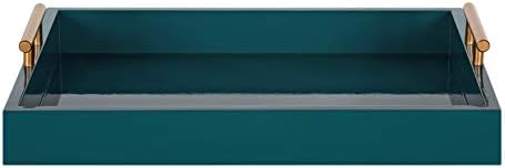 Kate and Laurel Lipton Mid Century Modern Decorative Wood Tray with Brushed Gold Metal Handles, Dark Teal - Image 2