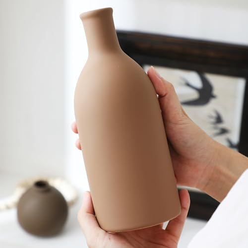 Ceramic Vase Set of 3, Vases Home Decor Rustic Farmhouse Decorative Vase Pottery Vases for Bouquet Pampas Grass Dried Fresh Flowers, Table Living Room Kitchen Bedroom Bathroom - Brown - Image 3
