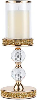 Pillar Candle Holder, 13 Inch Crystal Candlesticks for 3''X5'' Candles, Dining Coffee Table Decor, Wedding, Events, Parties - Glass and Gold Finish by Hanjue