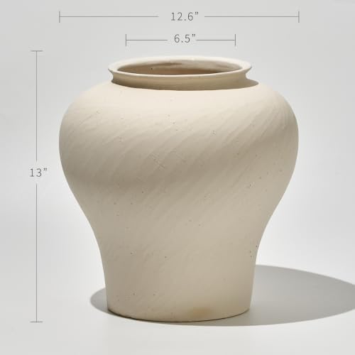 LB2 White Ceramic Large Vase, 13" Tall Zen Style vase, Terra Cotta Pitcher, Distressed Farmhouse Decor, Pottery Decorative Flower for Home Décor - Image 2