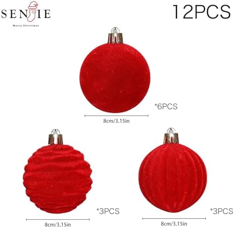 3.15In Red Velvet Christmas Ornaments Set,12Pcs Flocked Ornaments Balls - Image 4