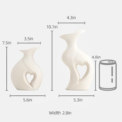 XL White Flower Vases, Nordic Heart Shaped Ceramic Set of 2 - Image 5