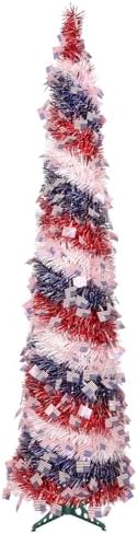 4th of July Decorations, 5FT Patriotic Pop up Pencil Collapsible Artificial Tree, for Independence Day Memorial Indoor Outdoor Home Decor, Red Blue White by Unknown