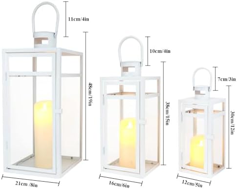 TRIROCKS Metal Candle Lantern Set of 3 - Assorted Sizes (12/15/19 Inch) - Tall Metal Hanging Lanterns with Tempered Panels Indoor & Outdoor Home Decor for Christmas Parties & Events - White Finish - Image 2