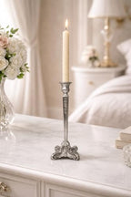 Pewter Candlestick Holder, 12 Inch Tall Single Taper Candle Holder, Ornate Decorative Metal Candle Stand with Embossed Floral Detail and 4 Inch Base for Tabletop Decor - Image 6