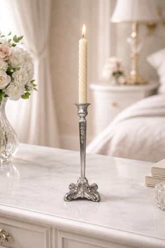 Pewter Candlestick Holder, 12 Inch Tall Single Taper Candle Holder, Ornate Decorative Metal Candle Stand with Embossed Floral Detail and 4 Inch Base for Tabletop Decor - Image 6