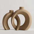 Set of 2 Brown Ceramic Vases for Home Decor Accents - Unique Hollow Donut Artistic Design Rustic Farmhouse Style Decorative Vases for Shelf, Mantel, Entryway Table Decor (Matte Brown) by Jonronboci