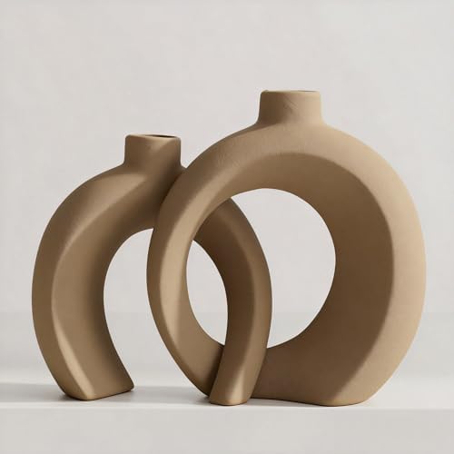 Set of 2 Brown Ceramic Vases for Home Decor Accents - Unique Hollow Donut Artistic Design Rustic Farmhouse Style Decorative Vases for Shelf, Mantel, Entryway Table Decor (Matte Brown) by Jonronboci