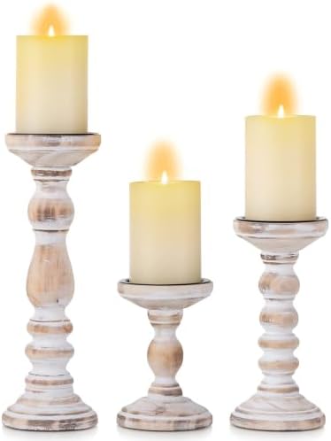 Romadedi Rustic Whitewashed Solid Wood Pillar Candle Holders, Set of 3 by ROMADEDI