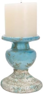 Creative Co-Op Large Distressed Blue Terracotta Pillar Candle Holder by Unknown