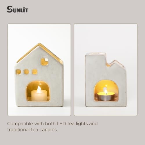 Sunlit Ceramic Christmas Village Sets of 3 Houses with 3 Tea Lights & 3 Frosted Trees, Christmas Decorations Indoor, Xmas Holiday Farmhouse Vintage Rustic Decor for Tabletop Mantle, Beige - Image 5