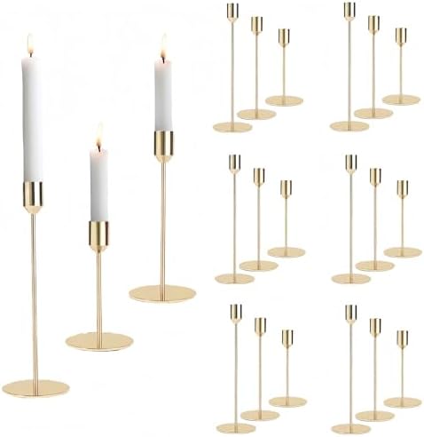 18 Pcs Gold Taper Candle Holders Bulk Vintage Tall Metal Candlestick Holders Set, Candle Stick Holder Decor with 3 Different Heights for Table Centerpiece Wedding Dinner Party Home Mantel Decor by Zrlljp