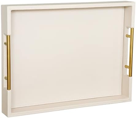 HofferRuffer Faux Leather Serving Tray with Gold Metal Handles, Stylish Decorative Tray Organizer for Coffee Table, Ottoman, Home Decor and Serving (CreamWhite, 16.2" x 12.2" x 2") by HofferRuffer