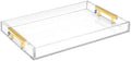 Modern 16"x12" Rectangle Acrylic Lucite Plastic Decorative Serving Tray with Gold Polished Stainless Steel Metal Handles Home Decor Ottoman Coffee Table Makeup Perfume Display Vanity By Home Redefined by HomeRedefined