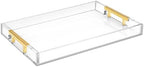 Modern 16"x12" Rectangle Acrylic Lucite Plastic Decorative Serving Tray with Gold Polished Stainless Steel Metal Handles Home Decor Ottoman Coffee Table Makeup Perfume Display Vanity By Home Redefined by HomeRedefined