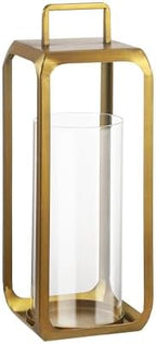 15" High Minimalist Metal Glass Lantern with Handle in Antique Brass for Pillars, Hurricane Candle Holder for Mantels, Tabletop, Centerpieces, Shelves, Entryways, Patio, Deck, Contemporary, Farmhouse by Unknown