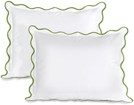 Ridhi White with Green Scalloped 100% Cotton Throw Pillow Covers 20x26 Inch by Ridhi