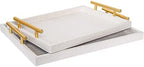 Modern Elegant Large Wood Serving Tray, Set of 2 Pearl White Crocodile Leather with Gold Polished Metal Handles, Home Decorative Rectangle Ottoman Platter Living Room Bathroom Vanity Tray by JUMBOHUMBLE
