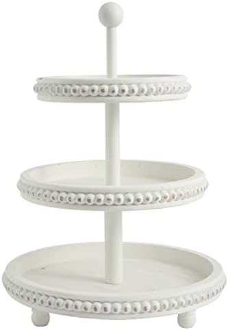 SwallowLiving Farmhouse 3 Tier Tray, White Three Tiered Tray Wood Stand with Shabby Chic Beaded for Home & Kitchen or Coffee Bar Decorations, 12.4 x 12.4 x 16.5 inchs by SwallowLiving