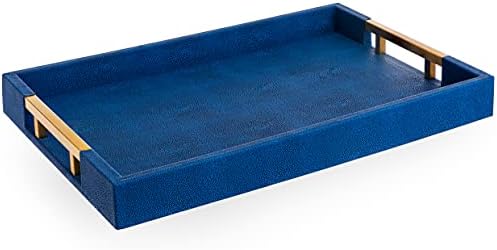 Modern Elegant 17.5”x12” Rectangle Navy Blue Faux Leather Shagreen Decorative Tray Ottoman Tray Coffee Table Perfume Living Room Kitchen Serving Tray with Brass Gold Metal Handles by Home Redefined. by HomeRedefined