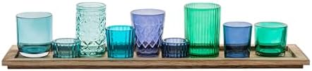 Creative Co-Op 9-Piece Blue and Green Glass Votive Holders on Wood Tray, Multicolor - Image 6