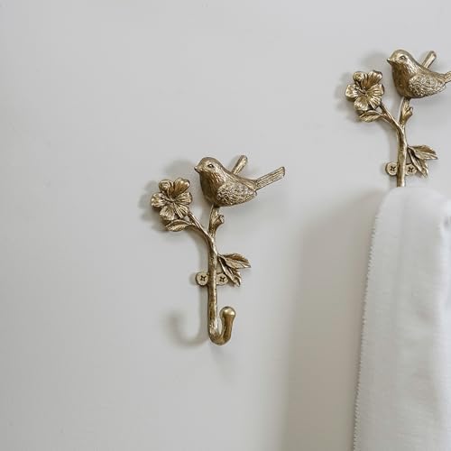 SOFFEE DESIGN 2pcs Metal Gold Coat Hooks with 3D Bird & Flowers Shape, Heavy Duty for Entryway, Bathroom, Bedroom Farmhouse Decoration - Image 5