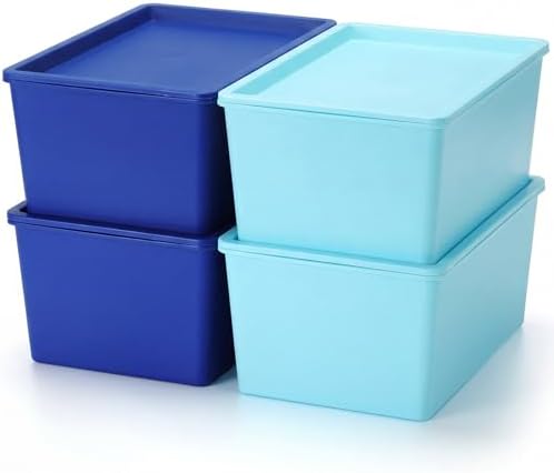 Menkxi 4 Pcs Storage Bins with Lids, Dark Blue, Light Blue, Large by Menkxi