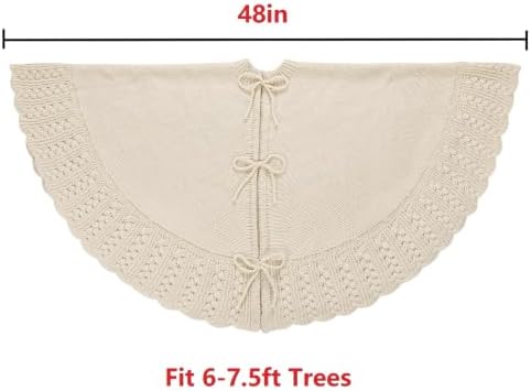 Ivory Knitted Christmas Tree Skirt, Cozy Cable Knit Design with Scalloped Edge and Ties, Rustic Farmhouse Holiday Décor for Christmas Tree Base(Ivory, 48") - Image 7